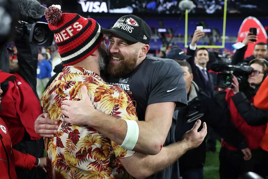 Travis Kelce and Jason Kelce on Field after the Chiefs Win Against Ravens
