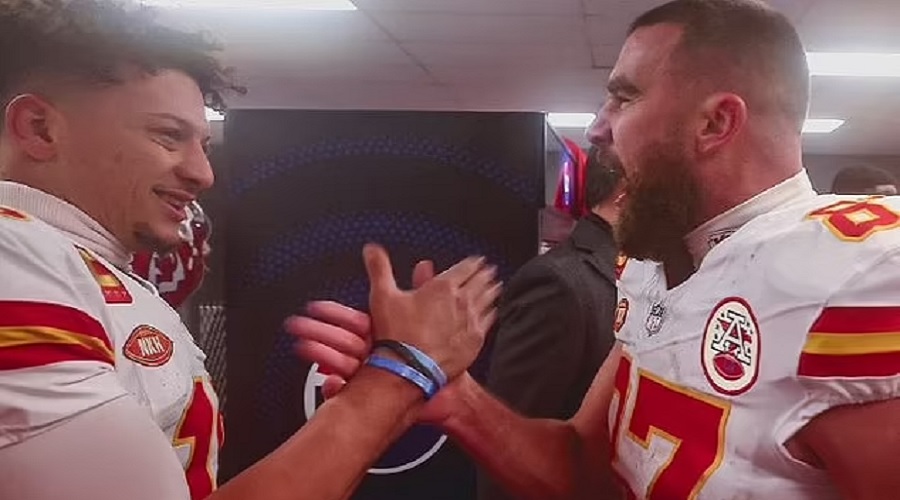 Travis Kelce and Patrick Mahomes lead the celebrations in the Chiefs locker room