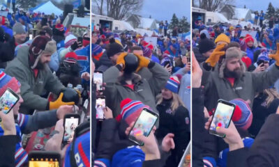 Jason Kelce is doing shots out of a bowling ball at the Bill tailgate