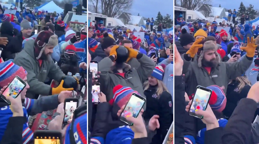 Jason Kelce is doing shots out of a bowling ball at the Bill tailgate