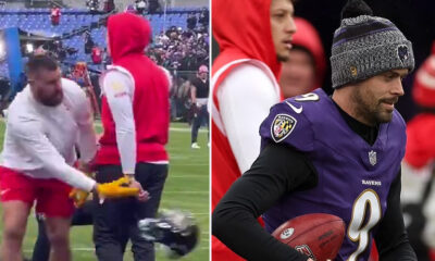 Travis Kelce Throws Justin Tucker Helmet