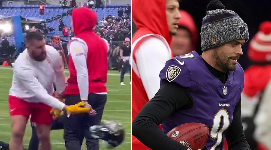 Travis Kelce Throws Justin Tucker Helmet