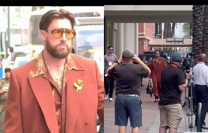 Travis Kelce Arrives for Super Bowl 2025, Shocking Fans with an Outlandish Outfit Cosplaying as a Bee Gees Member – And Wait, Is That Taylor’s Ring on His Finger as “Bad Blood” Plays?